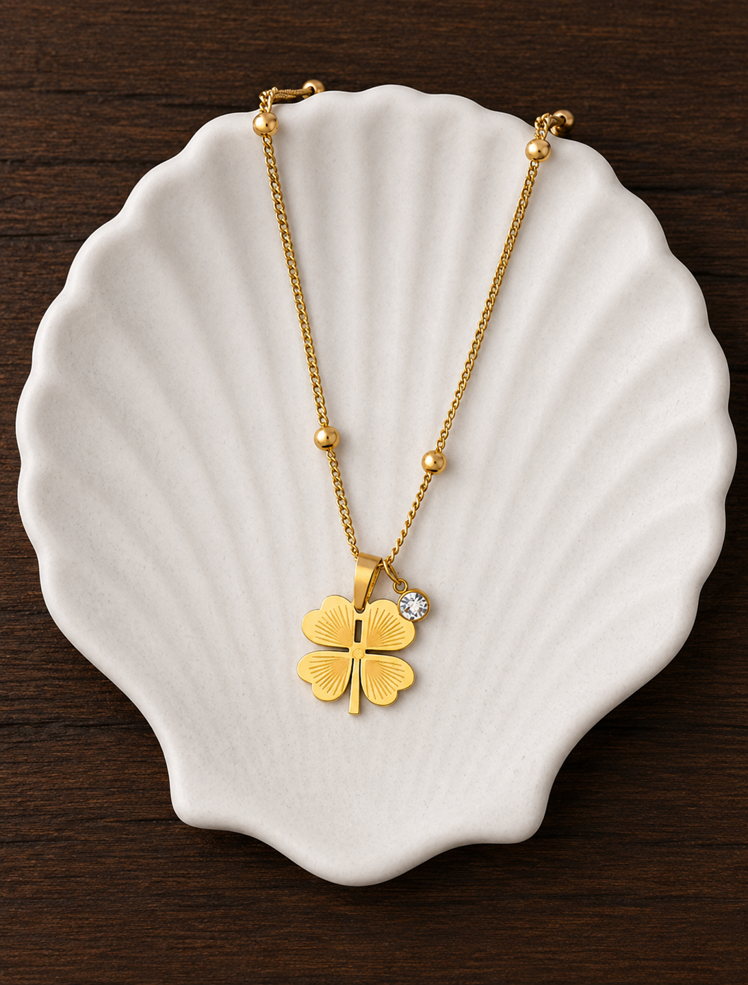 White stone Clover Beaded Chain Necklace