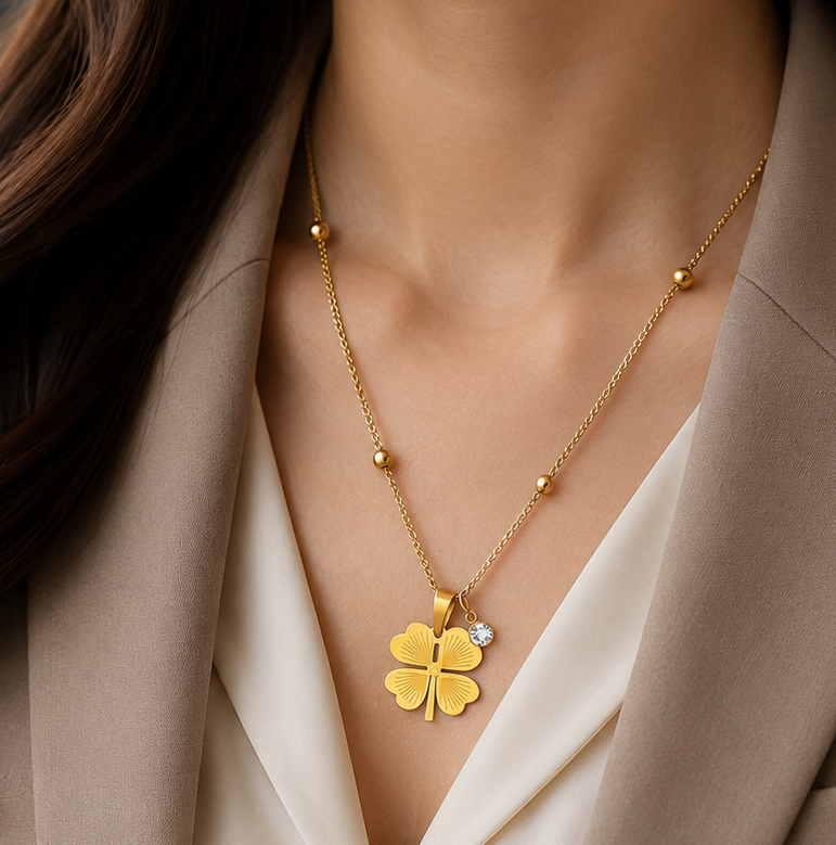 White stone Clover Beaded Chain Necklace