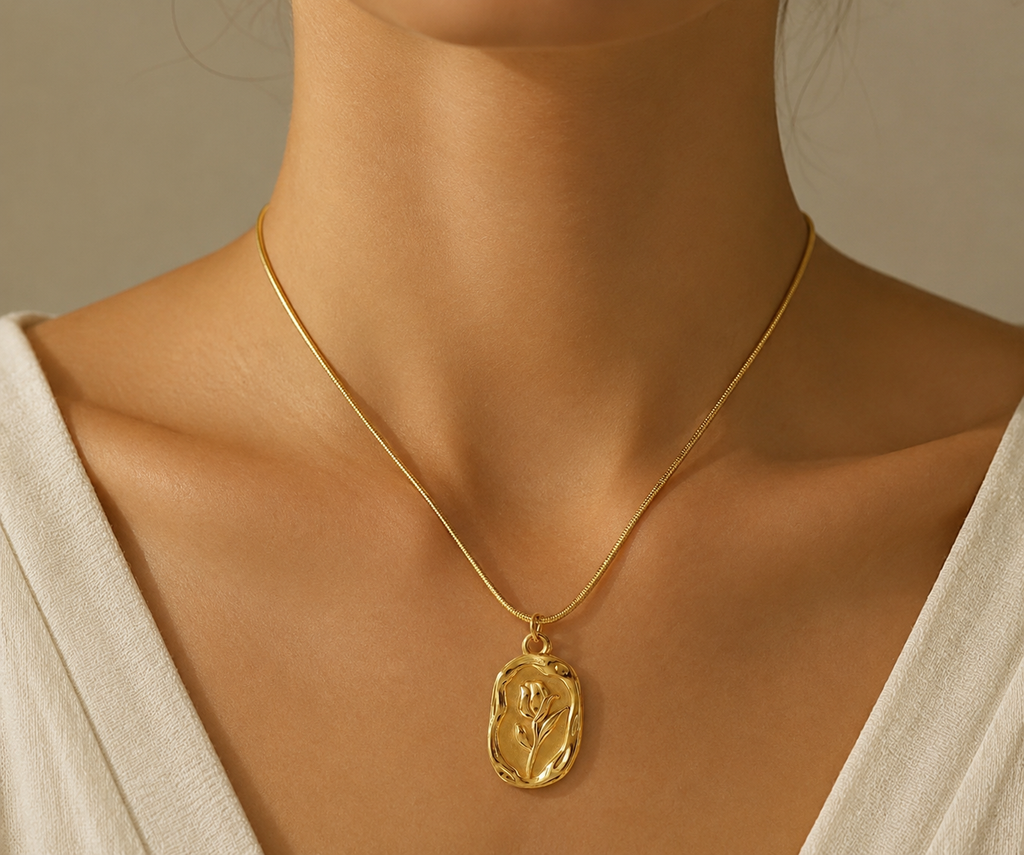 Carved Rose Stone Pendent in Omega Chain