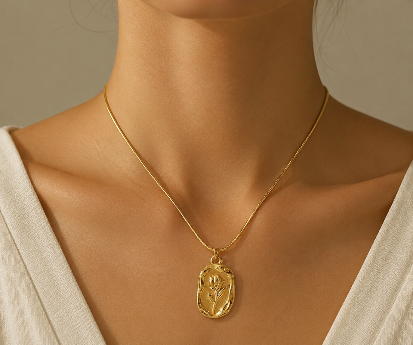 Carved Rose Stone Pendent in Omega Chain