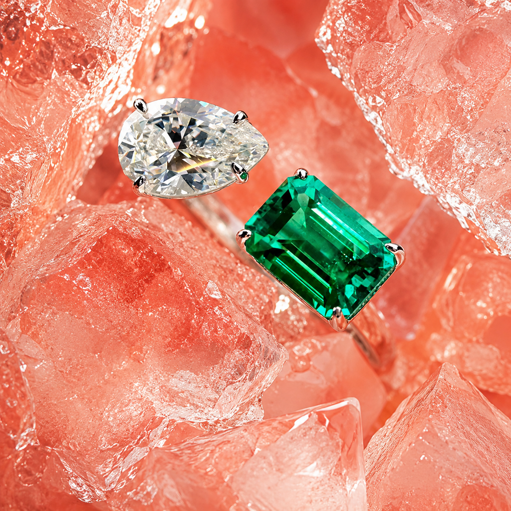Toi et Moi Ring with Emerald and Tear White stone