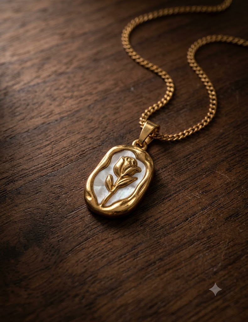 Carved Rose Stone Pendent in Omega Chain